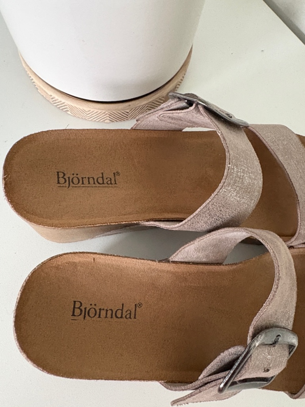 Women's Bjorndal Shimmery Taupe Wedge Slide Sandals with Buckle - Picture 2 of 12